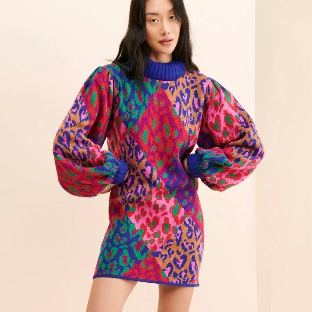 FARM Rio Mixed Leopard Pop Sweater Dress Multi NWT